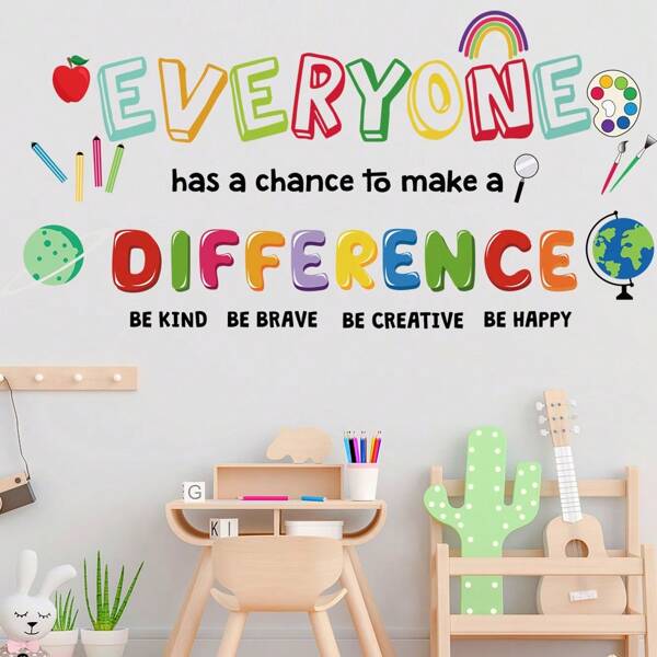 Colorful Inspirational English Motto Wall Stickers For School Classroom, Children's Room, Cartoon Slogan Decals
