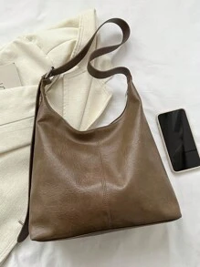 复古大容量女士单肩包，柔软纯色斜挎腋下包 - 卡其色 - 查看 6