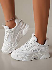 2024 New Women's Thick Sole Chunky Sneakers, White, Mesh & Patchwork, Casual Shoes For All Seasons, Height Increasing - White - View 4