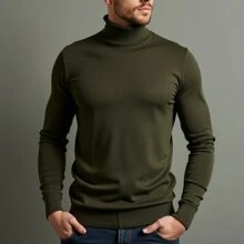 Cacharrel Men's Cold Weather Blouse Sweater Long Sleeve Ribbed T-Shirt High Neck Second Skin Slim - 軍綠色 - 查看 3