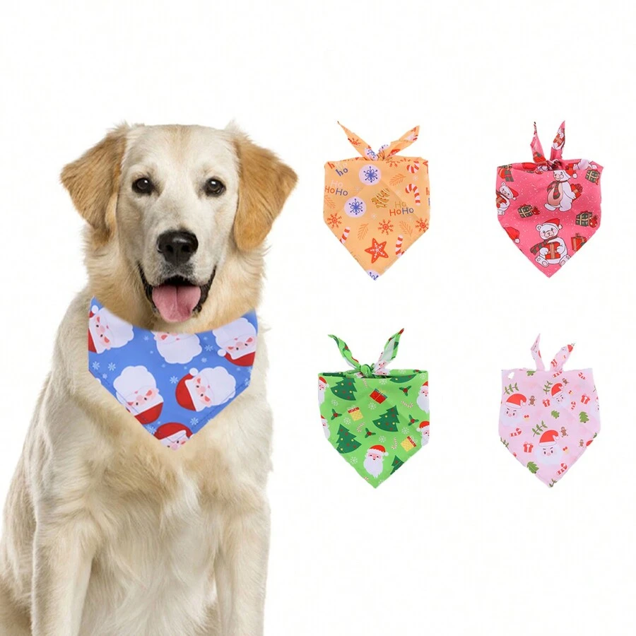 1 chiếc khăn quàng cổ phụ kiện Giáng sinh cho thú cưng, khăn Bandana hình tam giác họa tiết ông già Noel, cây thông Noel và gấu bông, yếm cho chó - màu xanh lá - Xem 1
