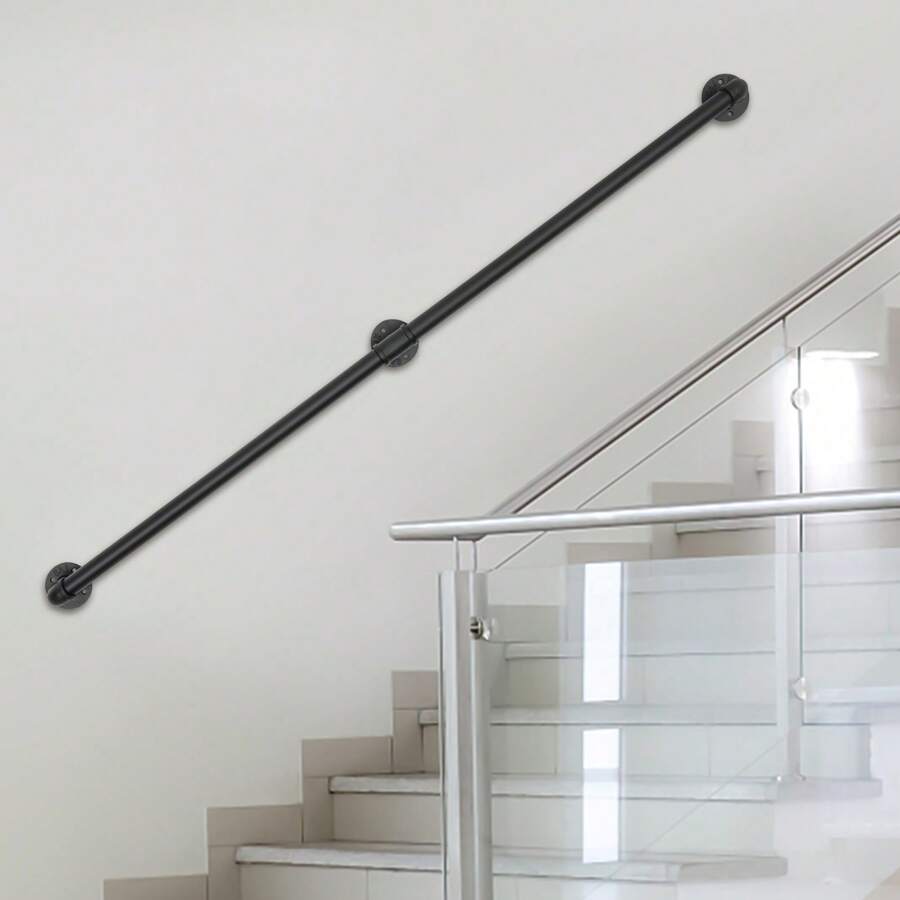 Round Galvanized Wall-Mounted Handrails Iron Pipe 153cm/5ft Handrail Stair Railing - 黑色 - 查看 1