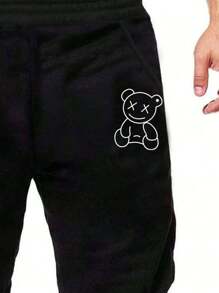 1pc Tween Boys Casual Loose Fit Bear Print Fleece Jogger Pants, Versatile, Spring/Autumn - Black - View 7