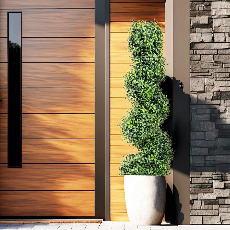 35 Inch Artificial Boxwood Topiary Outdoor Set Of 2, Faux Plant Spiral