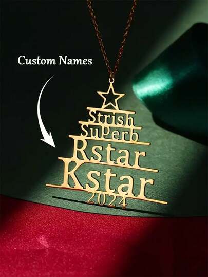 1pc Customized Multi-Name Christmas Tree Necklace,Simple Style Stainless Steel Pendant Necklace Can Be Customized With 1-6 Names Charms Chokers,Holiday Gifts And Christmas Party Wear Neck Jewelry Accessories.