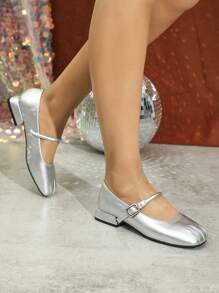 Women's Silver Chunky Heel Ballet Flats, Ankle Strap Minimalist Oxford Shoes