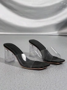 Women's High Heel Sandals, New Spring/Summer Transparent Crystal Thick Heel Slippers, Small Size Sexy Minimalist Sandals For Women - Black - View 2