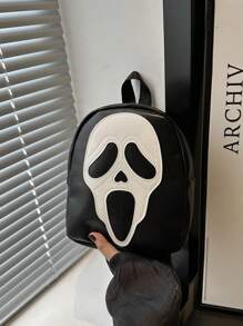 Fashionable Contrast Color Skull Print PU Mini Backpack, Casual Versatile Daypack Suitable For Women, Halloween Use, Phone Pouch (Relatively Small Size)