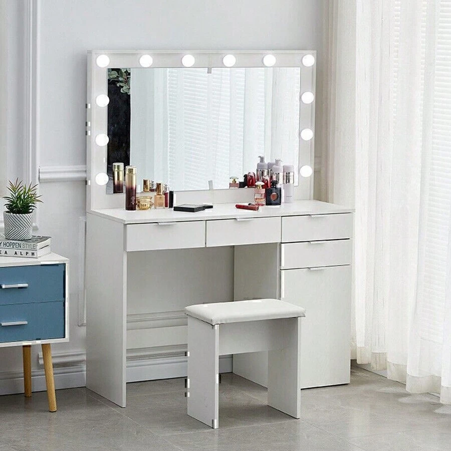 OYAJIA OYAJIA Große Schminktisch Weiß mit LED Beleuchtung und Hocker, Kosmetiktisch mit Spiegel, 4 Schubladen, Aufbewahrungsschrank und Hocker, Frisierkommode Frisiertisch Schlafzimmermöbel Vanity Set