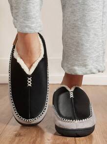 毛皮男士家居拖鞋冬季保暖柔软缝合标记记忆泡沫卧室鞋舒适防滑耐用休闲拖鞋黑色 - 黑色 - 查看 9