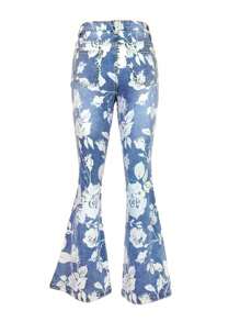 Women Floral Printed Bootcut Jeans High Waisted Stretch Baggy Retro Flare Bell Bottom Denim Pants - Rửa nhẹ - Xem 3