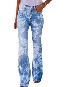 Women Floral Printed Bootcut Jeans High Waisted Stretch Baggy Retro Flare Bell Bottom Denim Pants - Rửa nhẹ - Xem 4