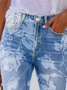 Women Floral Printed Bootcut Jeans High Waisted Stretch Baggy Retro Flare Bell Bottom Denim Pants - Rửa nhẹ - Xem 2