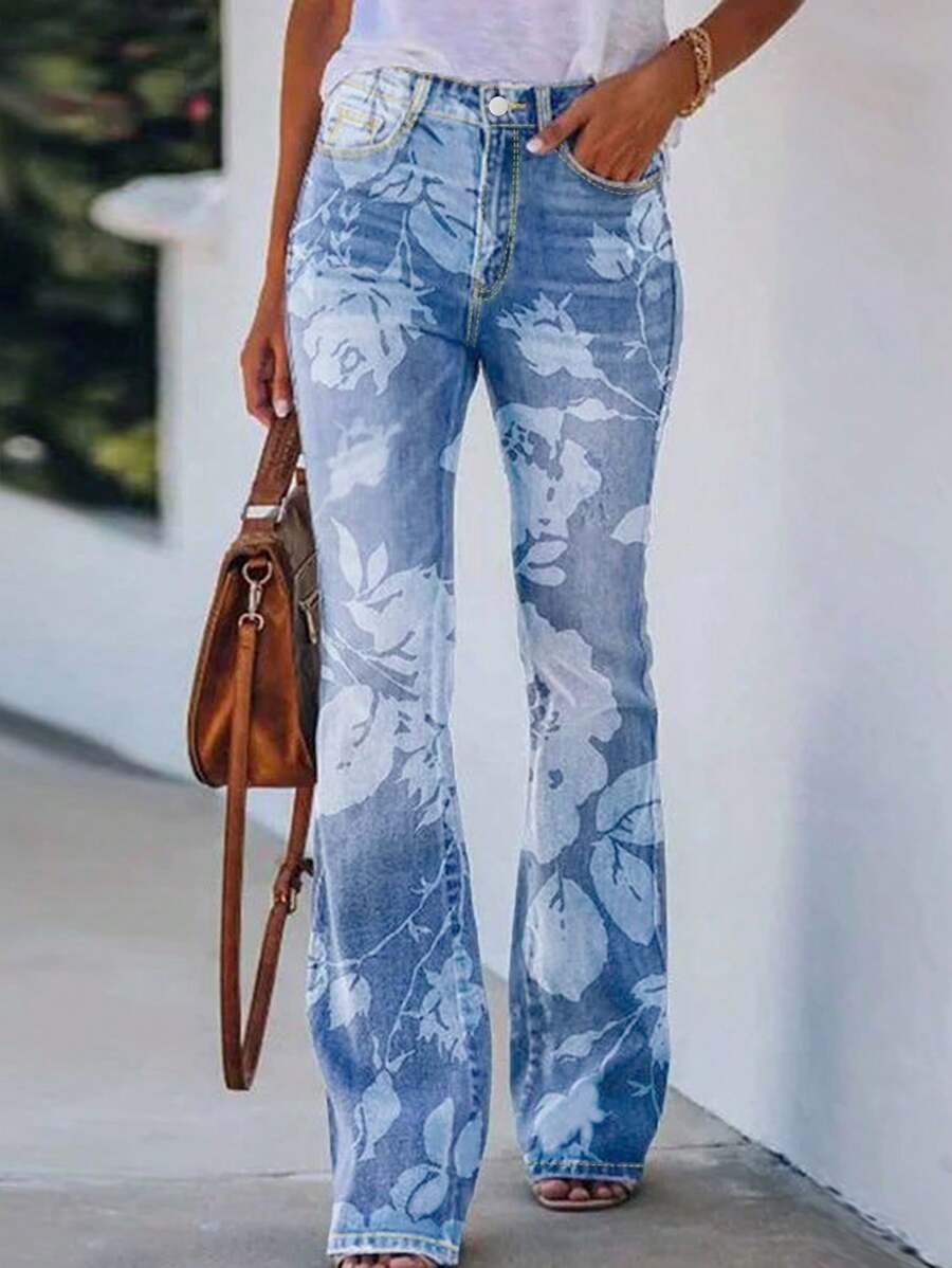 Women Floral Printed Bootcut Jeans High Waisted Stretch Baggy Retro Flare Bell Bottom Denim Pants - Rửa nhẹ - Xem 1