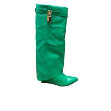Padlock Detail Fold Over Wedge Knee High Boots - Beige - View 8