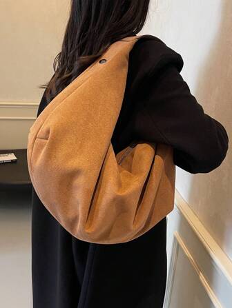 1 件大容量纯色绒面革托特包，女士休闲流浪包，时尚单肩腋下包，适合女性日常使用