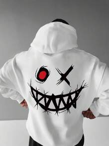 大码男士休闲卡通骷髅印花抽绳羊毛连帽衫，秋季 - 白色 - 查看 1