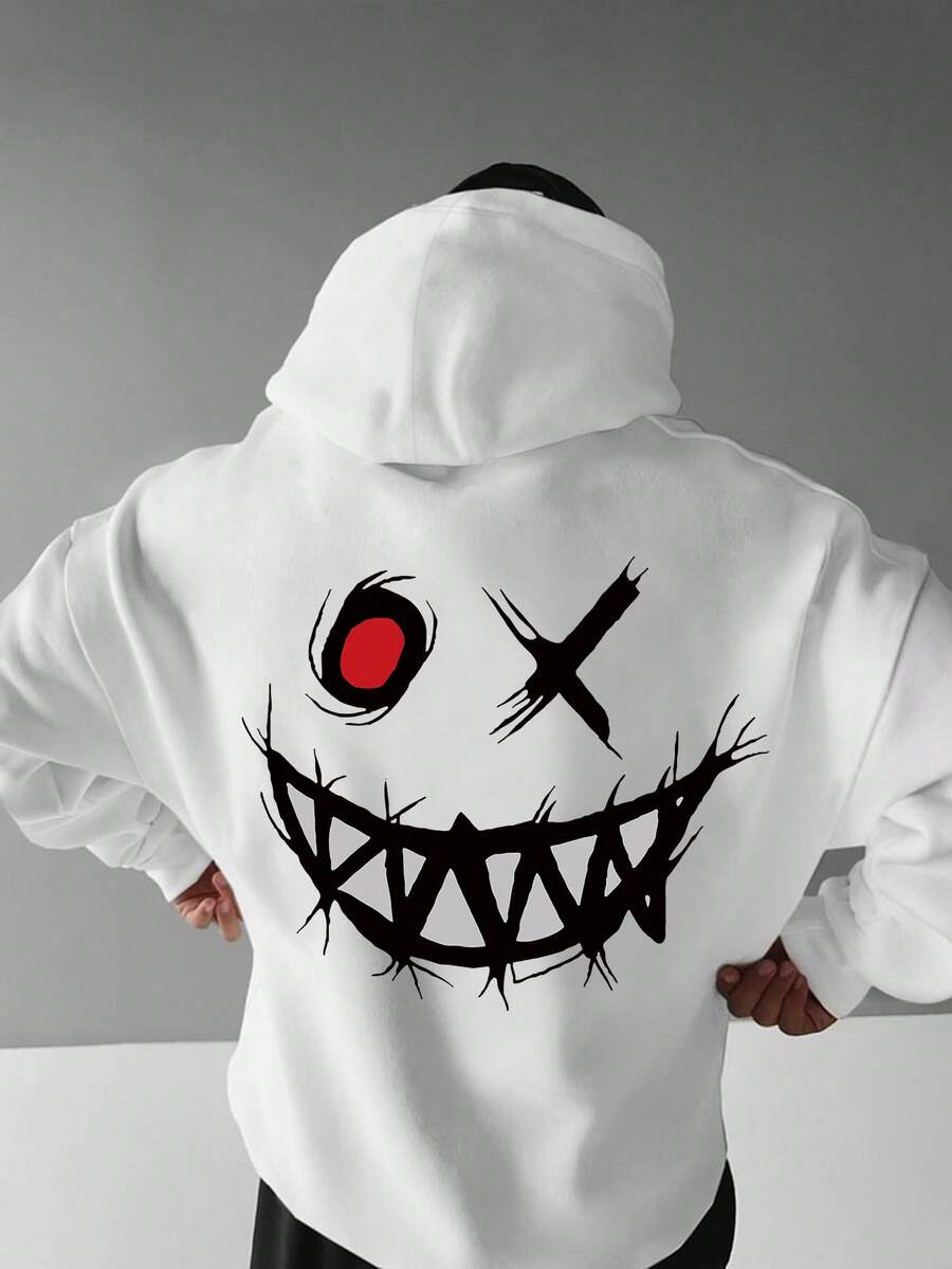 大码男士休闲卡通骷髅印花抽绳羊毛连帽衫，秋季 - 白色 - 查看 1