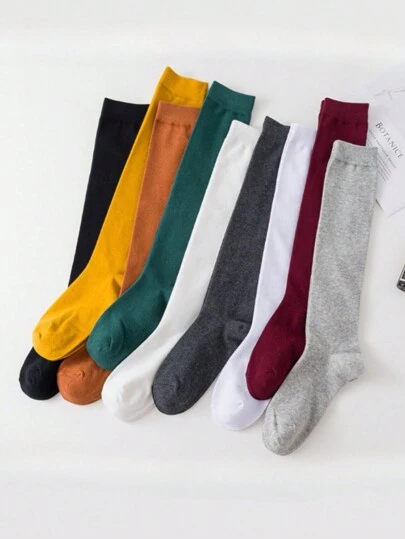 1 Pair Women's Solid Color Casual Mid-Calf Socks, Moisture-Wicking Elastic Calf Socks, High-Waisted Long Socks, Comfortable For Daily Commute And Home Wear, Essential For Autumn/Winter