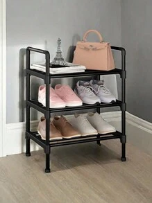 1 pieza Estantería de 3 niveles talla grande ancha y sencilla, estantería doméstica resistente de varios niveles para el dormitorio, pequeña y multifuncional, gabinete de zapatos económico, estantes de almacenamiento de tela y zapatos, requisitos de un hogar acogedor - Negro - Ver 2