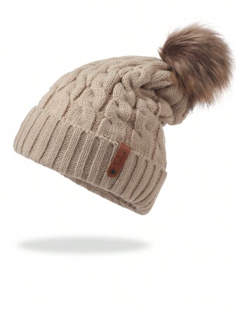 1 st läderlappad stickad mössa för kvinnor, tjock varm stickad vintermössa, trendig utomhushatt vintermössa