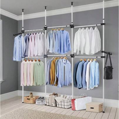 Telescopic Clothes Rail, Heavy Duty Clothing Rack Adjustable Wardrobe Organizer Coat Hanger Garment Rack Hanging Rail For Clothes