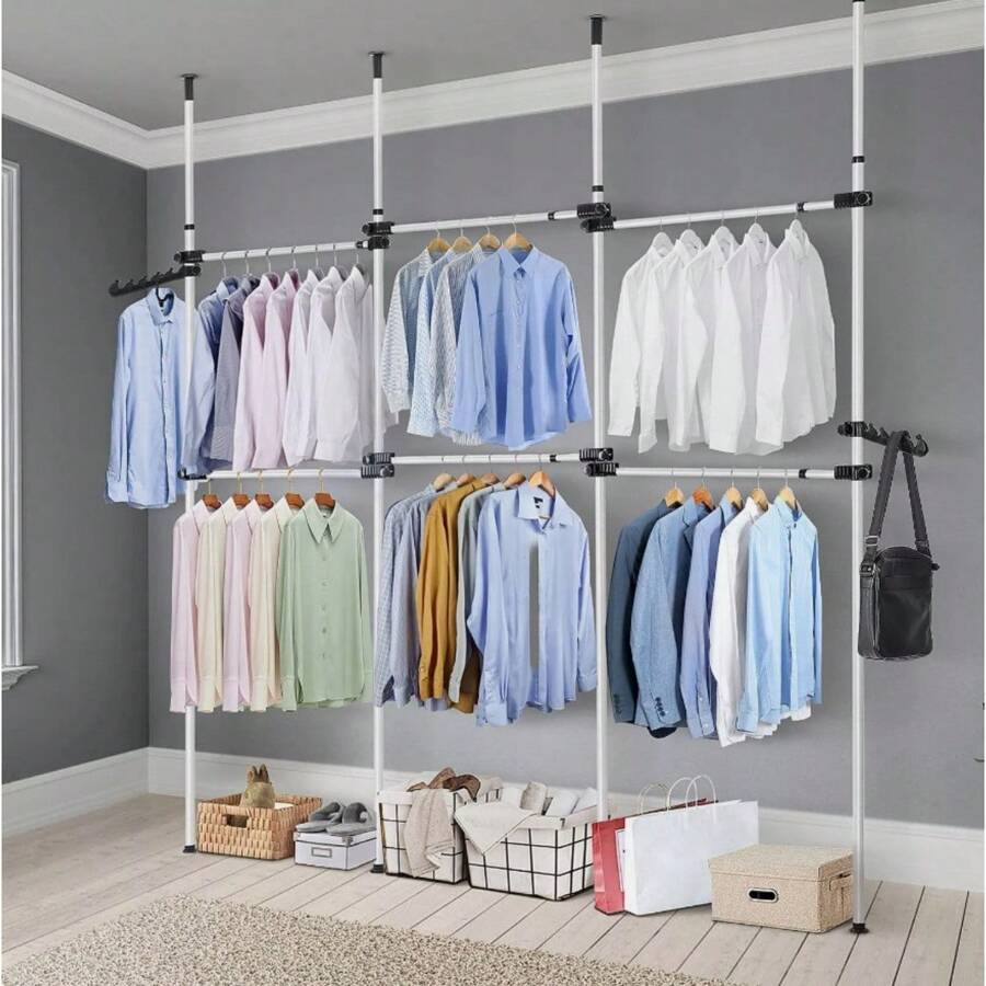 Telescopic Clothes Rail, Heavy Duty Clothing Rack Adjustable Wardrobe Organizer Coat Hanger Garment Rack Hanging Rail For Clothes - 2 Poles 2 Bars - View 1