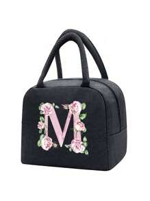 Isolierte Lunch Tasche, Kühltasche, Lunchbox, Kältepack, Blumen- und Buchstaben A-Z Muster Leinwand leichte tragbare Lunch Organizer Tasche, geeignet für Schule, Klassenzimmer, Uni, Büro, Camping und Picknick, Schulmaterial, Küchenorganisation, Küchen-Essentials, Lunchbox, Lunch Tasche, Damen Lehrer Picknick Tasche, Reise Kühltasche, Klassenzimmer Kühltasche, Damen Picknick Tasche - Schwarz - Übersicht 9