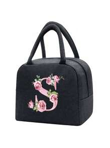 Isolierte Lunch Tasche, Kühltasche, Lunchbox, Kältepack, Blumen- und Buchstaben A-Z Muster Leinwand leichte tragbare Lunch Organizer Tasche, geeignet für Schule, Klassenzimmer, Uni, Büro, Camping und Picknick, Schulmaterial, Küchenorganisation, Küchen-Essentials, Lunchbox, Lunch Tasche, Damen Lehrer Picknick Tasche, Reise Kühltasche, Klassenzimmer Kühltasche, Damen Picknick Tasche - Schwarz - Übersicht 8