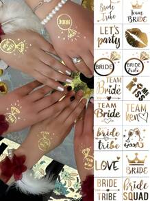 16 Sheets Bride Tribe Fake Flash Metallic Tattoo Stickers Cheers Bachelorette Tattoos For Women Adults Bridesmaid Favor Party Decorations Design Of Heart Kiss Valentine Day