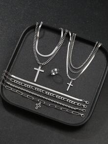 Bộ trang sức thánh giá bằng thép không gỉ 10 chiếc, phong cách Punk Hip Hop dành cho nam, thích hợp cho trang phục thường ngày, hẹn hò, đi làm, tiệc tùng - Bạc - Xem 8