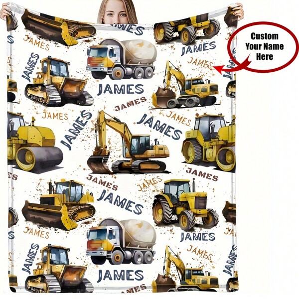 1pc Personalized Fleece Throw Blanket Cute Excavator, Engineering Vehicle, Shovel Car, Custom Name Letter Customized Flannel Blanket, Gift Of Daughter Granddaughter Square Blanket Soft And Comfortable, Suitable For Adults At Home Picnic Travel, Breathable, Lightweight, Washable, Cute, Love, Warm, Cozy, Soft, Comfortable, Simple, Custom, Personalized, Unique, Him, Her, Boyfriend, Girlfriend, Dad, Mom, Family, Friends, For Anniversaries, For Birthdays, For Housewarming, Bed, Car, Bedroom, Tea Room, Living Room, Sofa