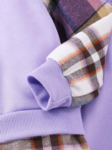 Young Girl Plaid Splice Hoodie Sweatshirt And Pants Set, Long Sleeve - Purple - View 4