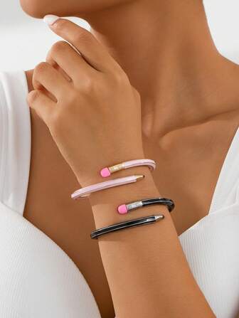 1pc Pink Pencil Shaped Elastic Spring Opening Bracelet, Sweet & Artistic Accessories, Suitable As Teacher's Day Gift For Colleagues & Students