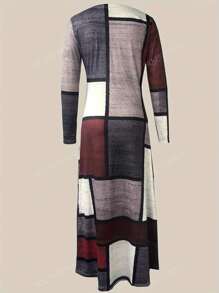 Plaid Print Casual Ronde Hals Bodycon Lange Mouw Jurk, Herfst/Winter