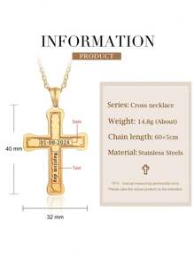 1pc 18k Gold Plated Stainless Steel Jewelry, Personalized Cross Necklace For Men,Custom Date&Name Necklace,Men's Cross Necklace For Dad,Christian Birthday Gift For Him,Gift For Dad, Includes Exquisite High-End Gift Box - Gold - View 3