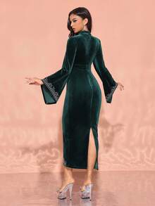 女式秋冬天鹅绒立领不对称下摆阿拉伯风格连衣裙 - 墨綠色 - 查看 2