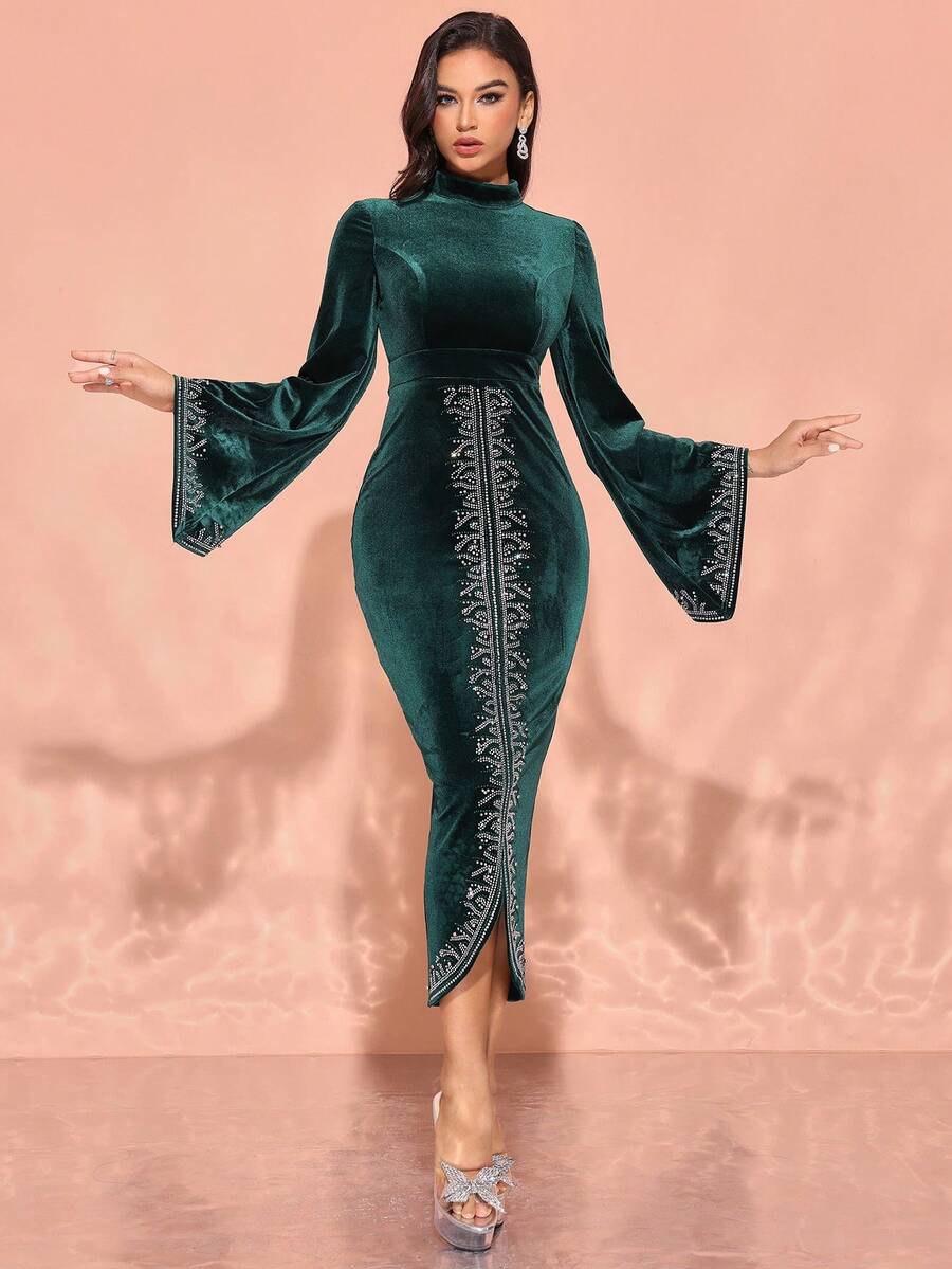 女式秋冬天鹅绒立领不对称下摆阿拉伯风格连衣裙 - 墨綠色 - 查看 1