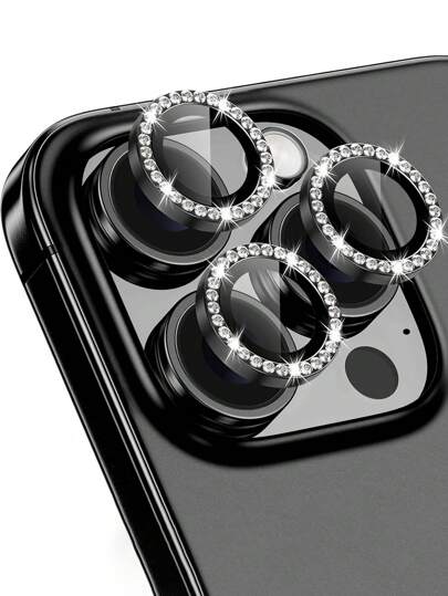 3-delat set lämpligt för 17/17 Pro/17 Pro Max/17 Air16 Pro/16 Pro Max kameralinsskyddsfilm, glänsande personlig metalldiamantring, reptålig 9H-hårdhet, trendiga mobiltelefontillbehör, lämpligt för skyddsfodral