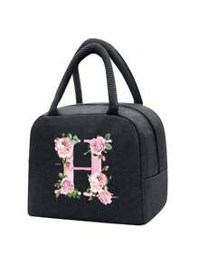Isolierte Lunch Tasche, Kühltasche, Lunchbox, Kältepack, Blumen- und Buchstaben A-Z Muster Leinwand leichte tragbare Lunch Organizer Tasche, geeignet für Schule, Klassenzimmer, Uni, Büro, Camping und Picknick, Schulmaterial, Küchenorganisation, Küchen-Essentials, Lunchbox, Lunch Tasche, Damen Lehrer Picknick Tasche, Reise Kühltasche, Klassenzimmer Kühltasche, Damen Picknick Tasche - Schwarz - Übersicht 16
