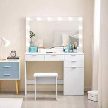 OYAJIA OYAJIA Große Schminktisch Weiß mit LED Beleuchtung und Hocker, Kosmetiktisch mit Spiegel, 4 Schubladen, Aufbewahrungsschrank und Hocker, Frisierkommode Frisiertisch Schlafzimmermöbel Vanity Set