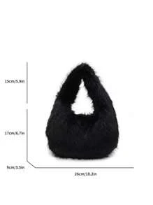 1个时尚毛绒单肩包，平沿手提包，可爱冬季女士手提包，新款女士毛绒包 - 黑色 - 查看 2