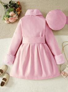 Tween Girl Elegant Fluffy Solid Color Knitted Coat With Attached Hat And Belt, Autumn/Winter