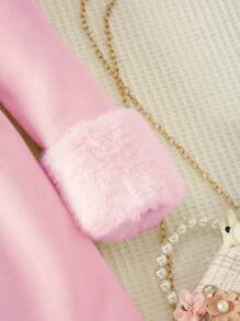 Tween Girl Elegant Fluffy Solid Color Knitted Coat With Attached Hat And Belt, Autumn/Winter