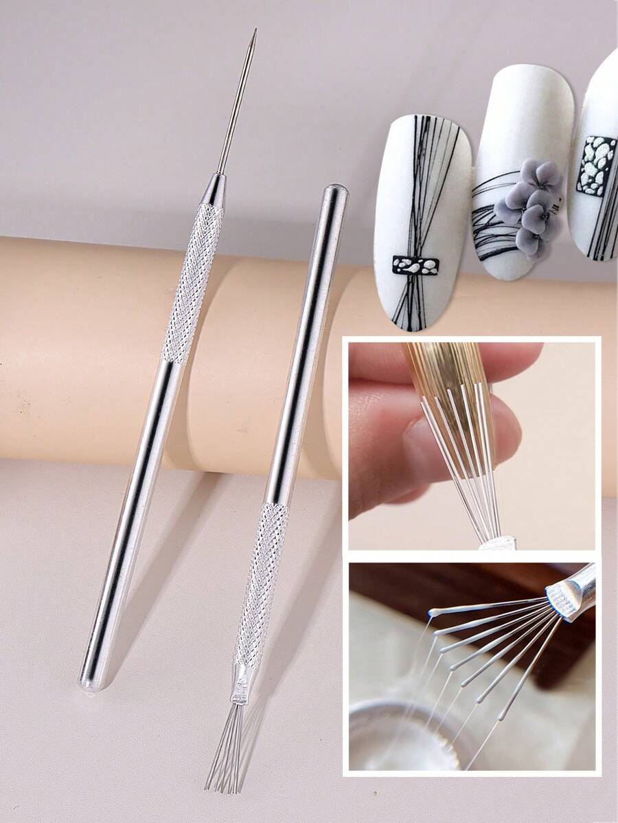 1/2 件套多功能美甲线条绘画工具，不锈钢 7 针细节针勾线笔，UV 凝胶美甲工具，美甲用品，美甲工具，美甲艺术工具，返校季，美甲，美甲工具（适用于贴片式美甲） - 銀色 - 查看 1