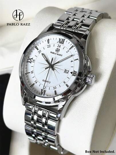 Pablo Raez 1 件男士手表高品质流行全新豪华 IPS 银色不锈钢 50 米防水简约日历时钟男士 SUS304 钢休闲时尚石英表夜光指针罗马数字和条形刻度黑色高级商务腕表适合日常使用送给父亲或男性朋友的礼物