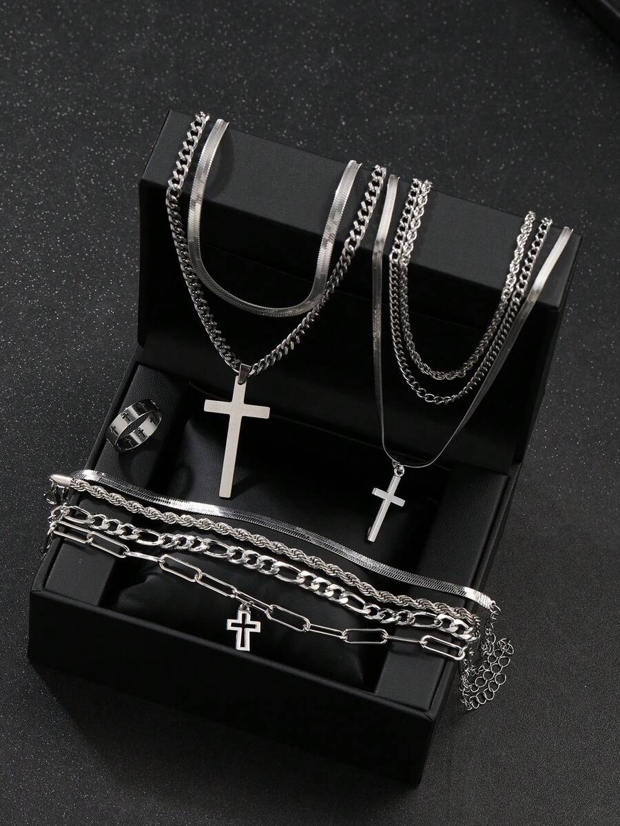 Bộ trang sức thánh giá bằng thép không gỉ 10 chiếc, phong cách Punk Hip Hop dành cho nam, thích hợp cho trang phục thường ngày, hẹn hò, đi làm, tiệc tùng - Bạc - Xem 1