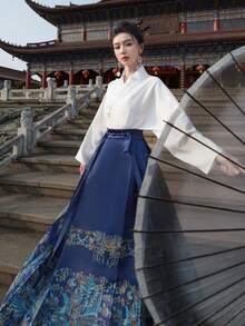 Spring Chinese Style Phoenix Print Ming Dynasty Elegant Blue Horse-Face Skirt, Suitable For Chinese New Year, Casual, Street, Commute, Home Wear, Can Be Worn As Hanfu Bottom Vacation - Blue - View 6