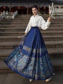 Spring Chinese Style Phoenix Print Ming Dynasty Elegant Blue Horse-Face Skirt, Suitable For Chinese New Year, Casual, Street, Commute, Home Wear, Can Be Worn As Hanfu Bottom Vacation - Blue - View 2
