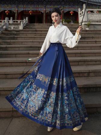 Spring Chinese Style Phoenix Printed Ming Dynasty Elegant Blue Horse-Face Skirt For Chinese Newyear, Daily, Street, Commuting, Home And Other Occasions To Wear Chinese Dress Hanfu Bottoms